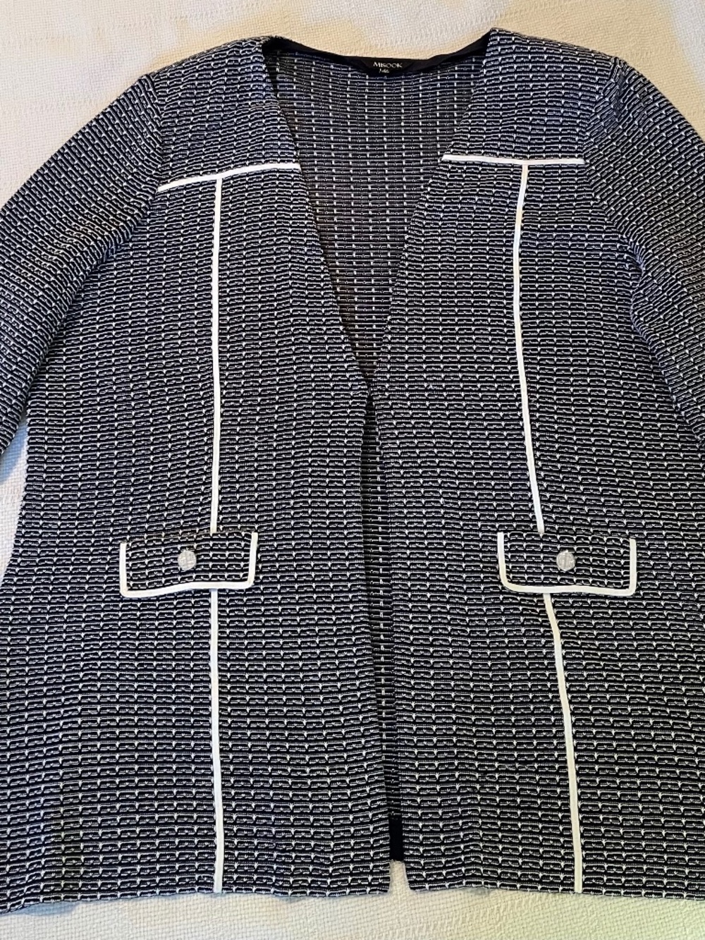 Misook 2X Navy White Textured Knit Open Front Cardigan Jacket Womens Plus Size